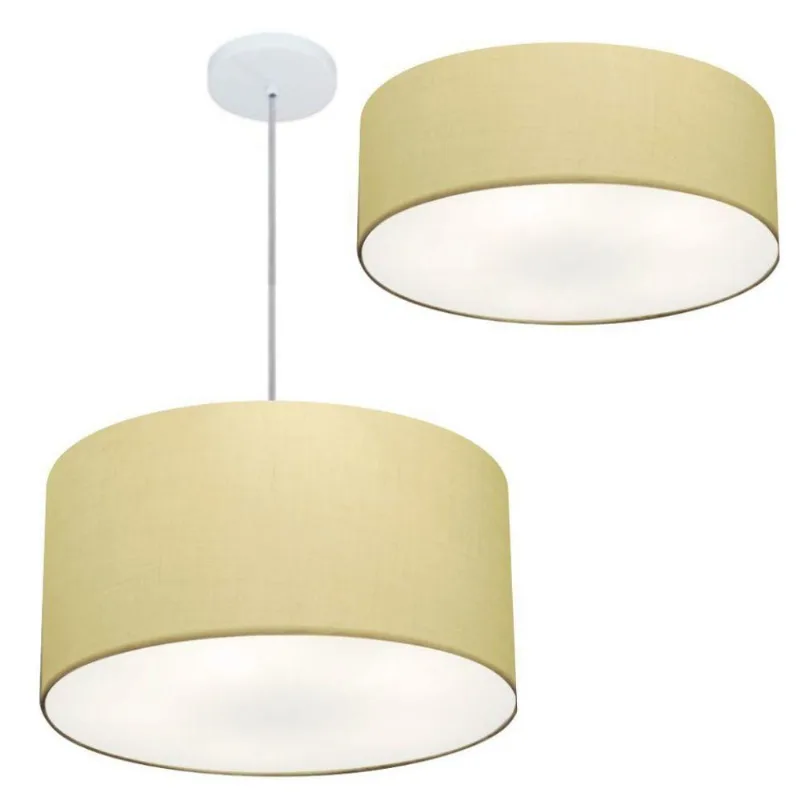 Kit Plafon Cilíndrico Md-3005 E Pendente Md-4019 Cúpula Em Tecido 40cm Algodão Crú - Bivolt