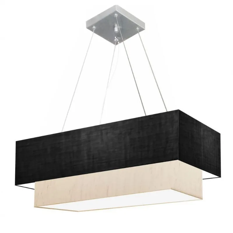 Lustre Pendente Retangular Vivare Md-4138 Cúpula Em Tecido 70x30cm X 60x25cm - Bivolt Preto-linho-bege 127/220v