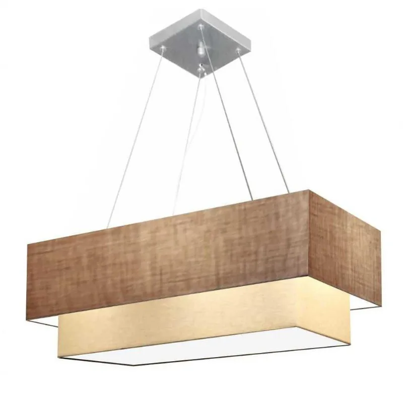 Lustre Pendente Retangular Vivare Md-4138 Cúpula Em Tecido 70x30cm X 60x25cm - Bivolt Palha-bege 127/220v