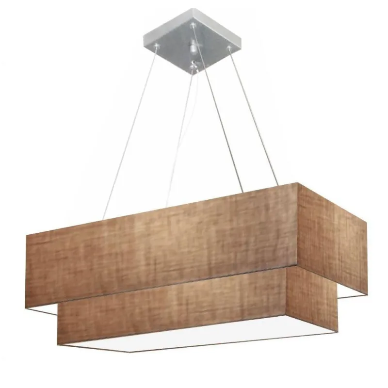 Lustre Pendente Retangular Vivare Md-4138 Cúpula Em Tecido 70x30cm X 60x25cm - Bivolt Palha 127/220v - Vivare Brasil Iluminação - Casa E Construção