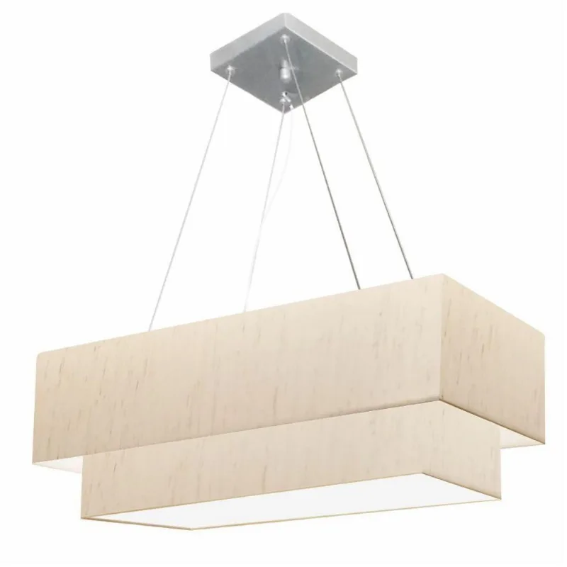 Lustre Pendente Retangular Vivare Md-4138 Cúpula Em Tecido 70x30cm X 60x25cm - Bivolt Linho Bege 127/220v