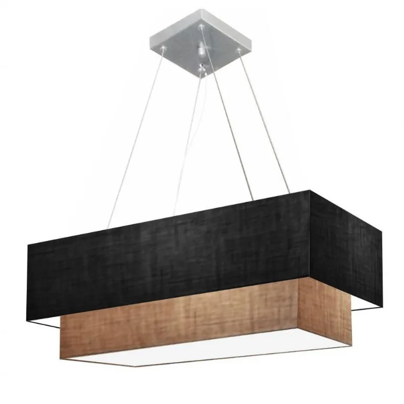 Lustre Pendente Duplo Retangular Vivare Md-4321 Cúpula Em Tecido 80x40cm X 70x30cm - Bivolt Preto-palha 127/220v