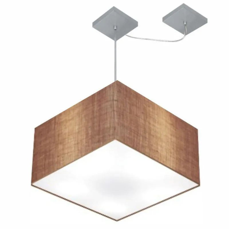 Lustre Pendente Quadrado Com Desvio De Centro Vivare Md-4270 Cúpula Em Tecido 35x35cm - Bivolt Palha 127/220v - Vivare Brasil Iluminação