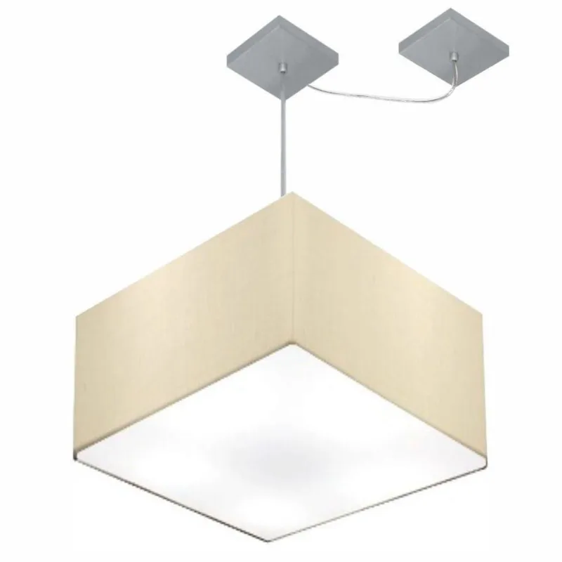 Lustre Pendente Quadrado Com Desvio De Centro Vivare Md-4271 Cúpula Em Tecido 40x40cm - Bivolt Algodão-crú 127/220v