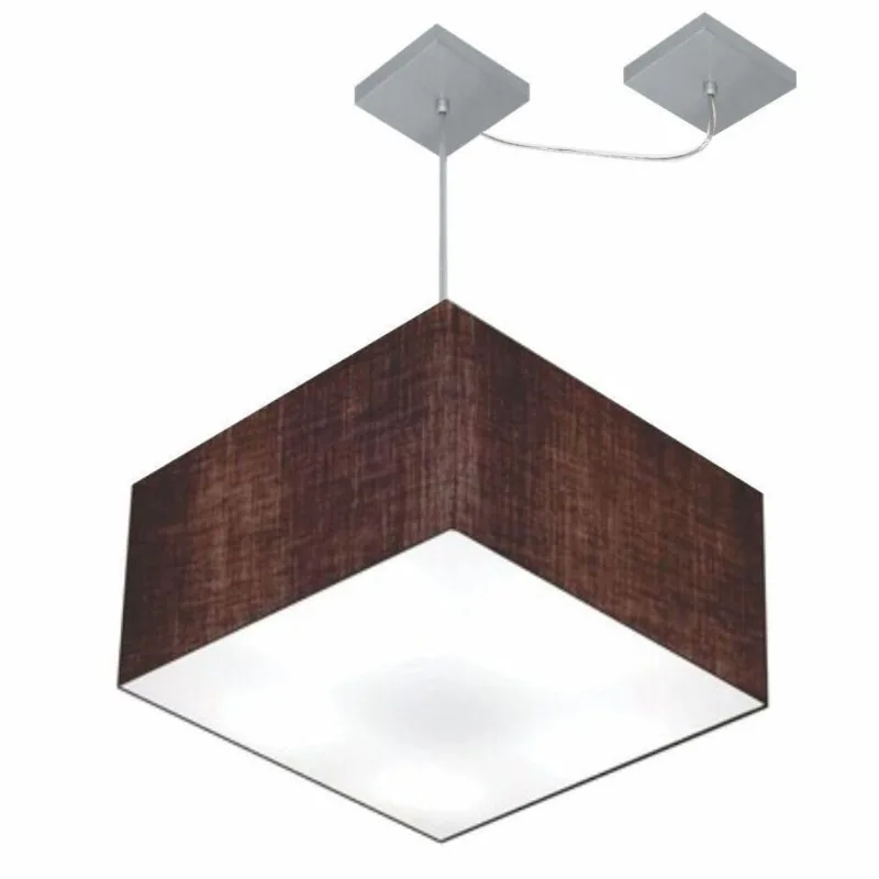Lustre Pendente Quadrado Com Desvio De Centro Vivare Md-4271 Cúpula Em Tecido 40x40cm - Bivolt Café 127/220v