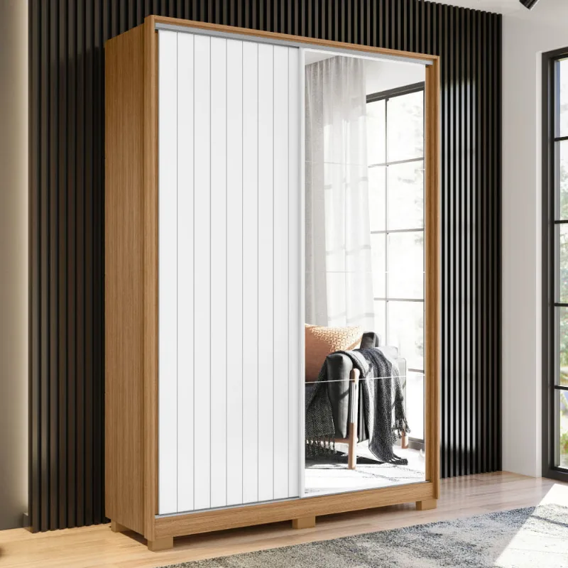 Guarda Roupa Frizatto c/2 Portas de Correr Flex e 4 Espelhos - Natural/Branco/Titanium