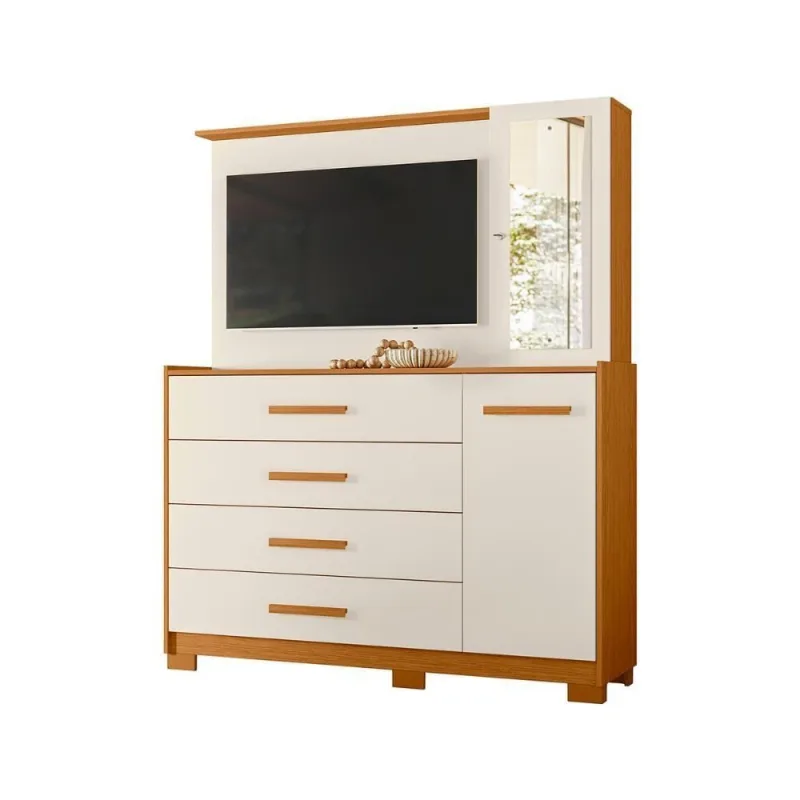 Cômoda Quarto Com Painel Para Tv Ilhabela 4 Gavetas 2 Portas Cinamomo-off White - OUTRAS