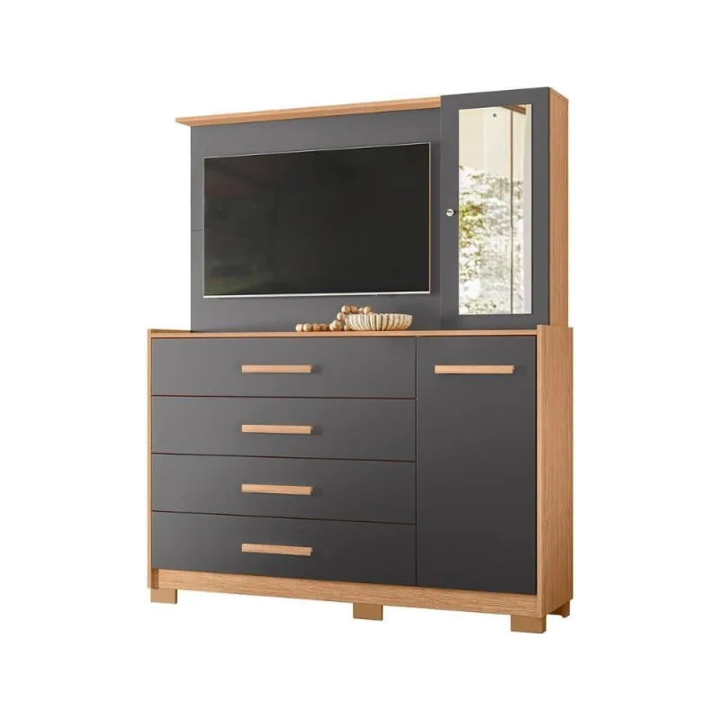 Cômoda Quarto Com Painel Para Tv Ilhabela 4 Gavetas 2 Portas Freijo-titanium - OUTRAS