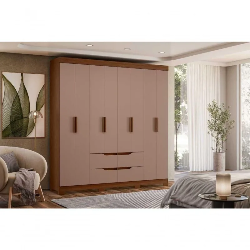 Guarda Roupa Casal Doble 8 Portas de Bater 4 Gavetas MDF-MDP Nogueira Cappuccino 199CM - OUTRAS