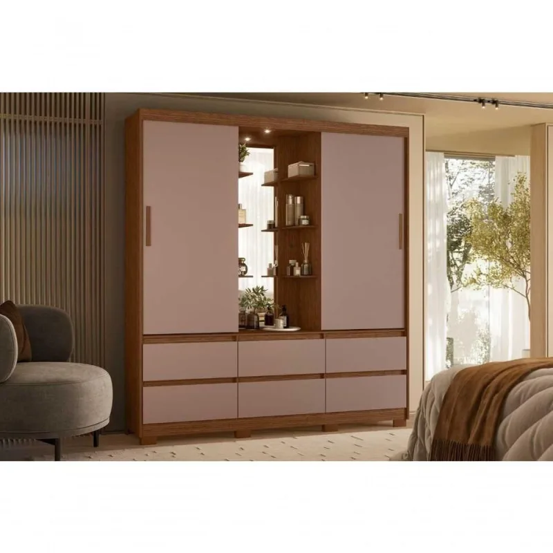 Guarda Roupa Solteiro Atena 2 Portas de Correr 6 Gavetas MDP com LED e Espelho Marrom 193CM - OUTRAS