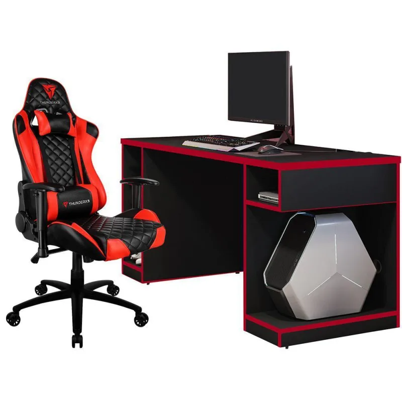 Kit Mesa Para PC Gamer Destiny com Cadeira Gamer TGC12 H01 ThunderX3 Preto Vermelho - Lyam Decor - Lyam Decor - Casa