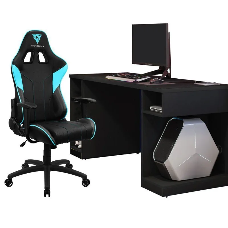 Kit Mesa Para PC Gamer Destiny Preto com Cadeira Gamer EC3 ThunderX3 Preto Ciano - Lyam Decor - Lyam Decor