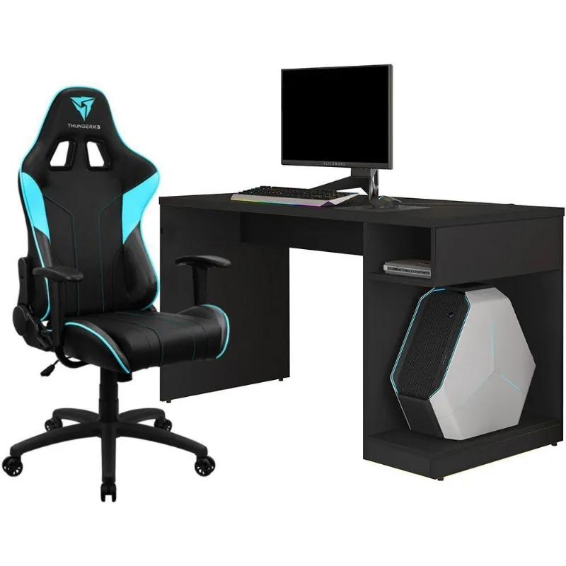 Kit Mesa Para PC Gamer Legend Preto com Cadeira Gamer EC3 ThunderX3 Preto Ciano - Lyam Decor - Lyam Decor