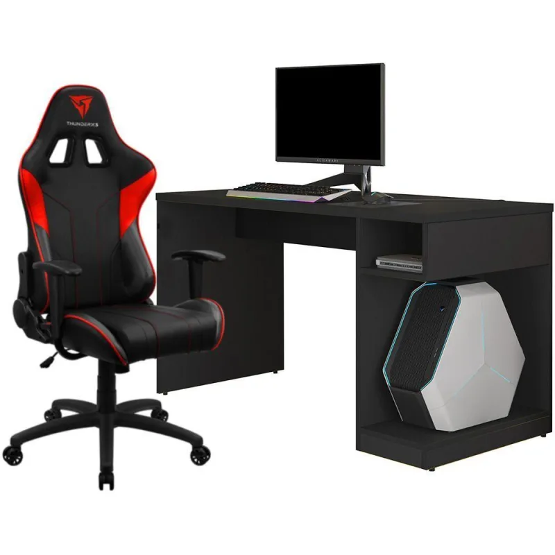 Kit Mesa Para PC Gamer Legend Preto com Cadeira Gamer EC3 ThunderX3 Preto Vermelho - Lyam Decor - Lyam Decor - Casa
