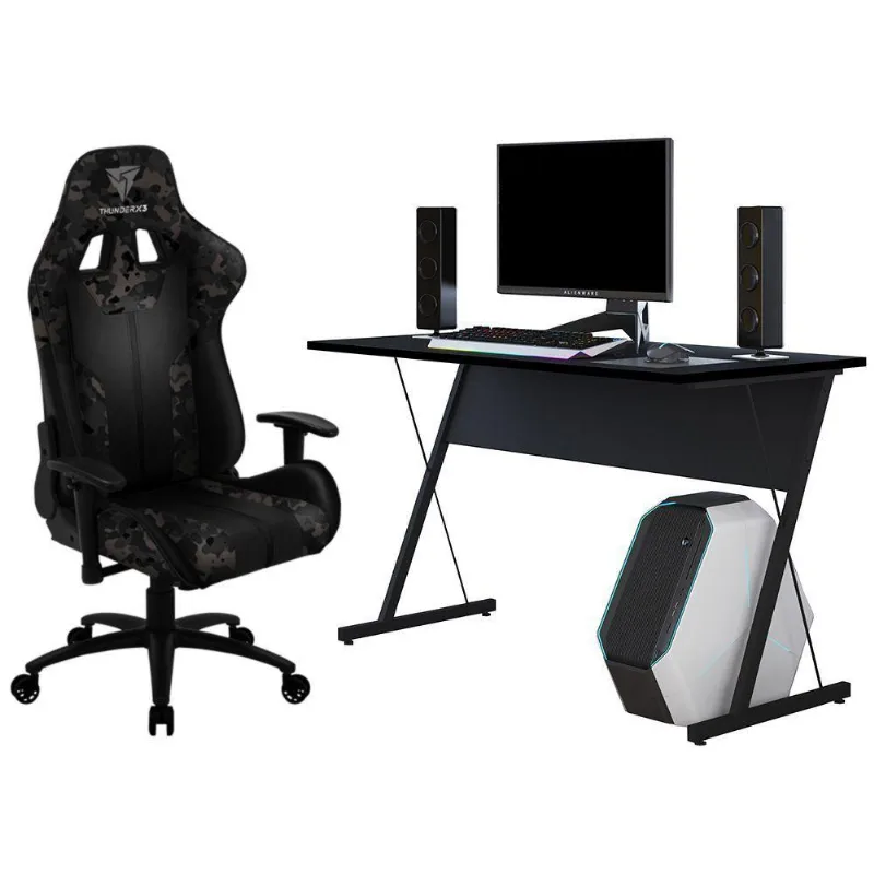 Kit Mesa Para PC Gamer Kombat com Cadeira Gamer BC3 ThunderX3 Camuflado Cinza - Lyam Decor