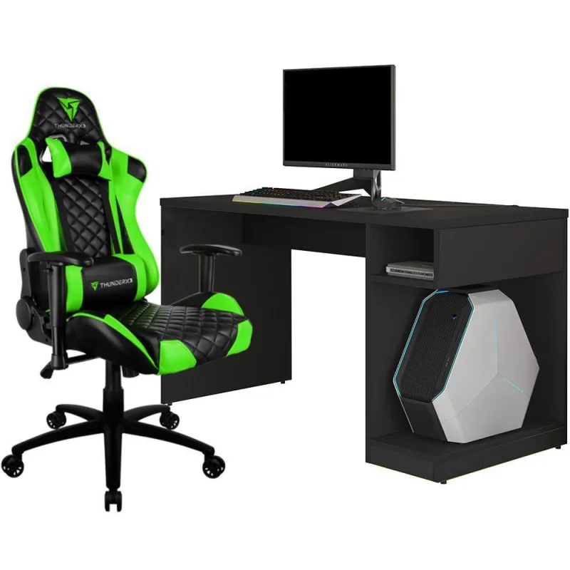 Kit Mesa Para PC Gamer Legend Preto com Cadeira Gamer TGC12 ThunderX3 Preto Verde - Lyam Decor - Lyam Decor - Casa