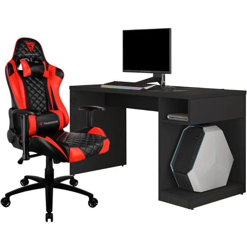 Kit Mesa Para PC Gamer Legend Preto e Cadeira Gamer TGC12 H01 ThunderX3 Preto Vermelho - Lyam Decor