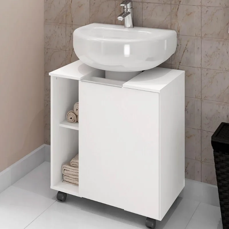 Gabinete de Coluna Para Banheiro 01 Porta com Rodízios Pequin B02 Branco - Lyam Decor - Lyam Decor