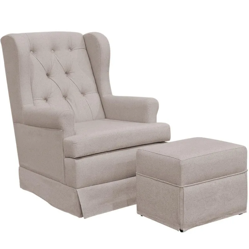Poltrona de Amamentação com Balanço e Puff Helena P02 Capitonê Linho Bege - Lyam Decor - Lyam Decor