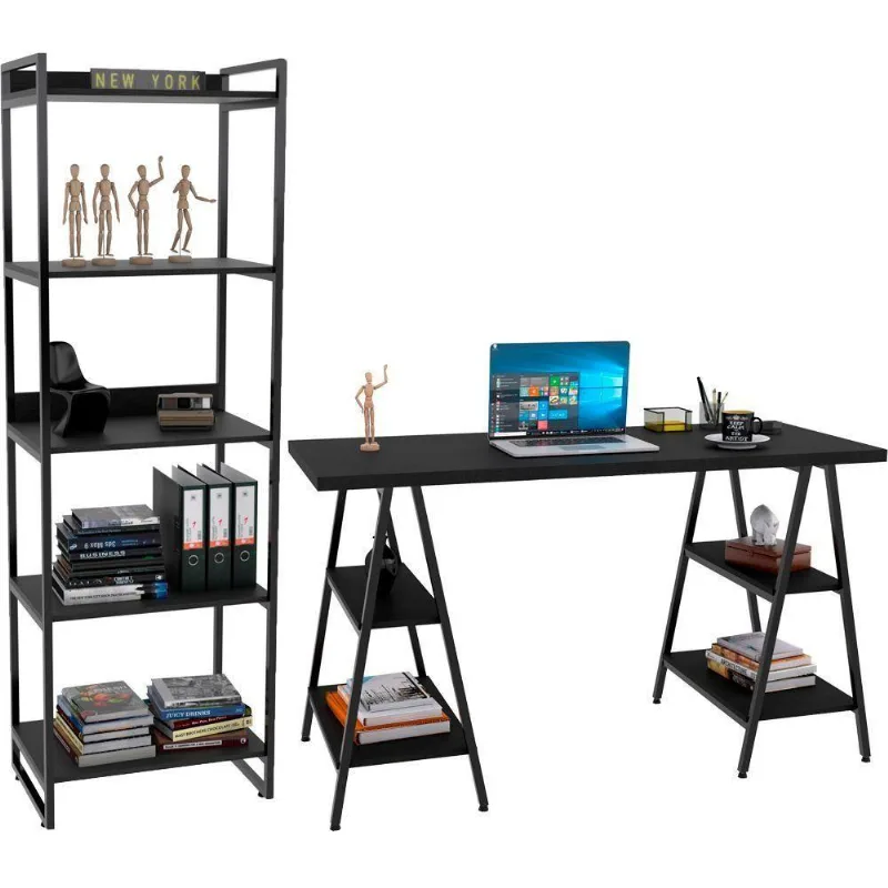 Kit Mesa Cavalete 135 Cm Com Estante 5 Prateleiras Preto - Lyam Decor