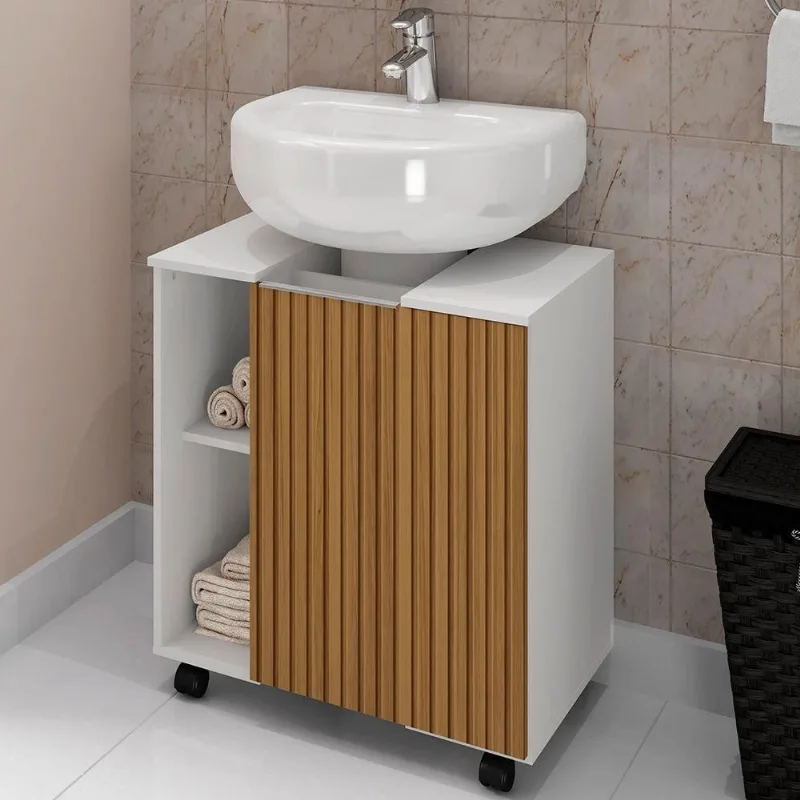 Gabinete de Coluna Para Banheiro 01 Porta com Rodízios Pequin B02 Branco Ripado - Lyam Decor - Lyam Decor