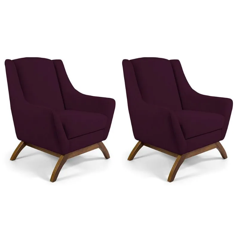 Kit 02 Poltronas Fixa Base De Madeira Veludo Roxo Grape - Lyam Decor