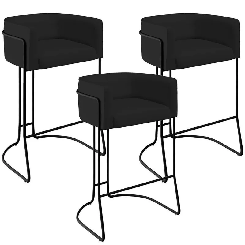 Kit 03 Banquetas Fixa Preto Veludo Preto C-300 - Lyam Decor