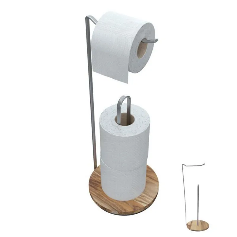 Suporte Papel Higiênico Aço Madeira Teca Premium Cromado