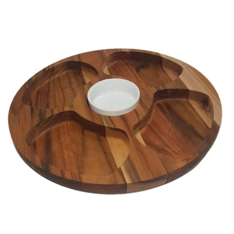 Petisqueira Em Madeira Teca 4 Divisões Com Porcelana 35X35Cm