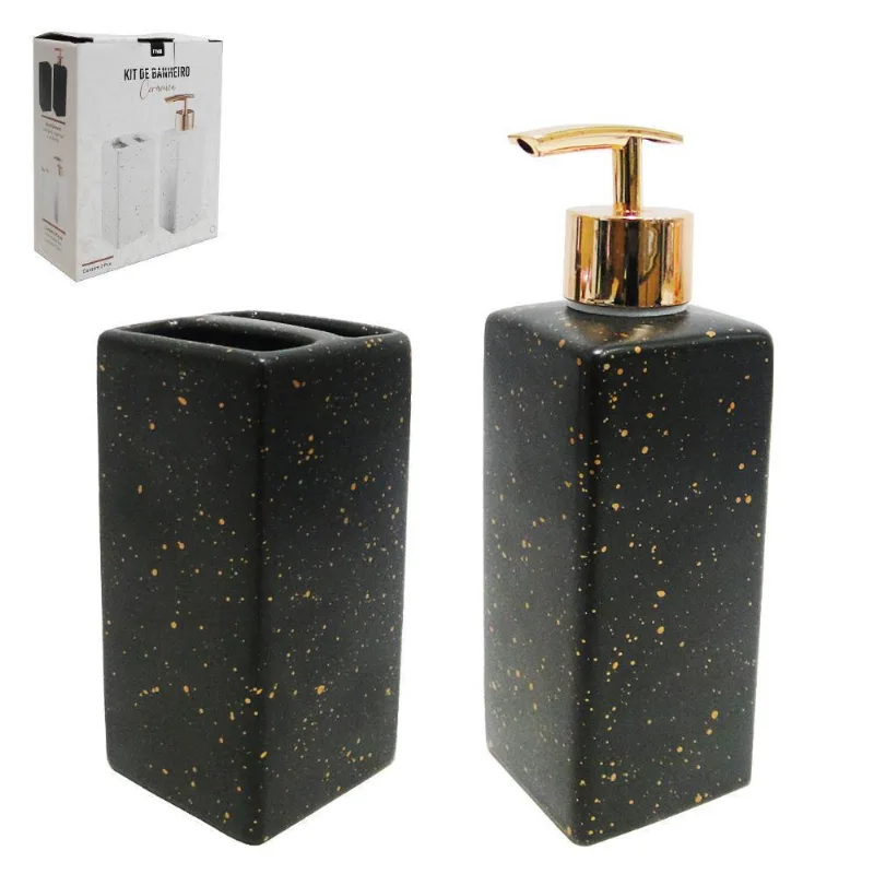 Jogo Para Banheiro De Porcelana Marmore Preto / Branco
