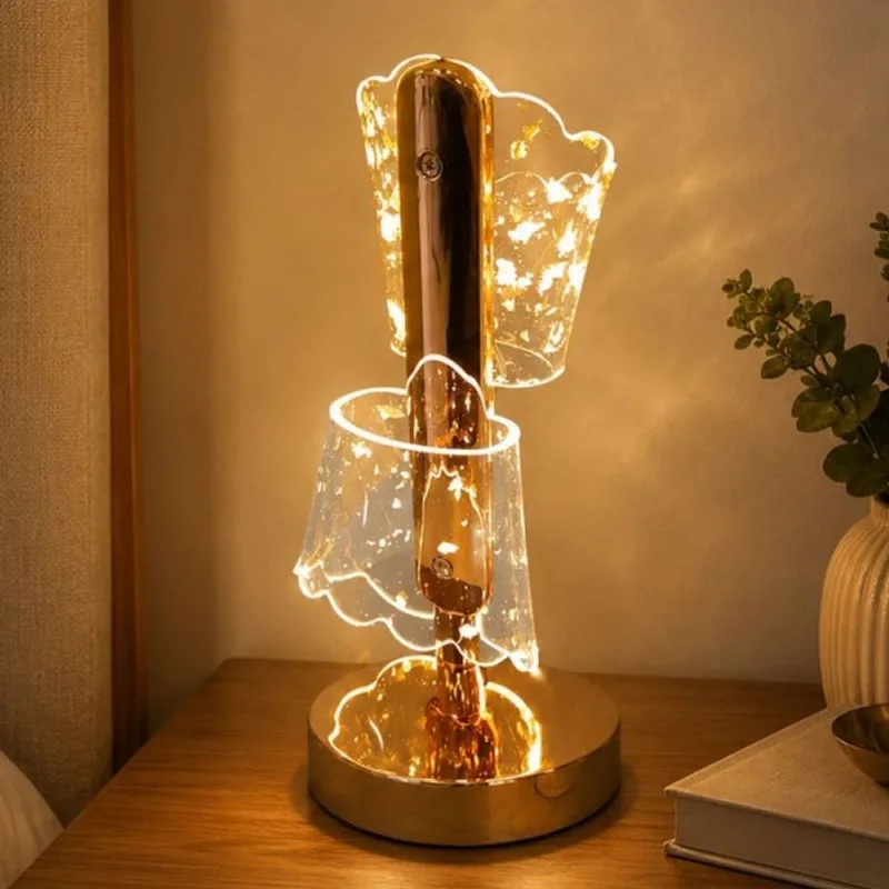 Luminária Abajur Mesa Elegante 3 Funções Recarregável 21cm Dourado