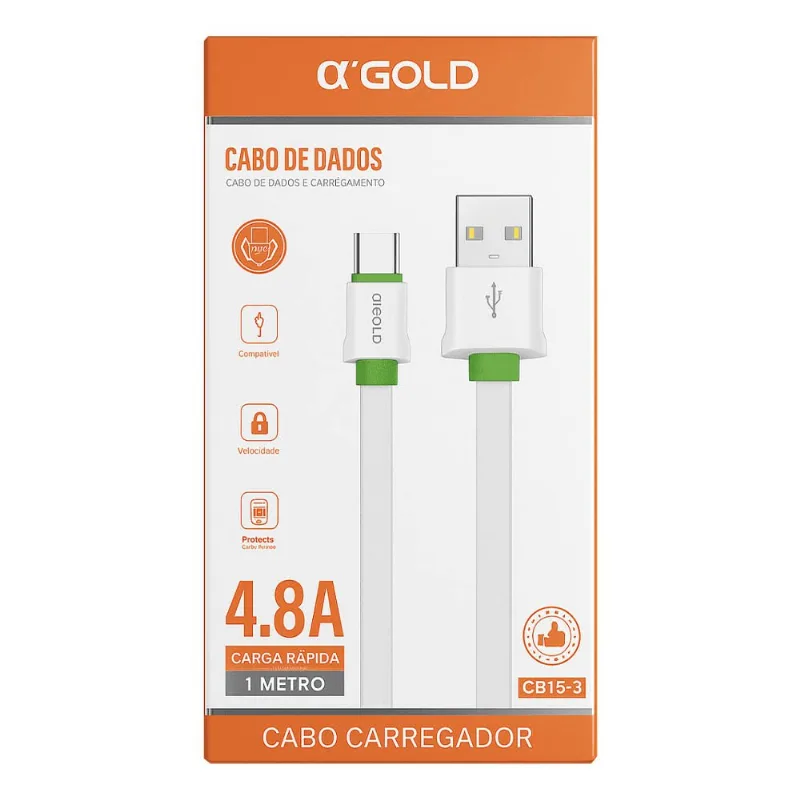 Cabo De Dados USB Tipo C Agold CB15-3 4.8A 1 Metro Preto (MP)