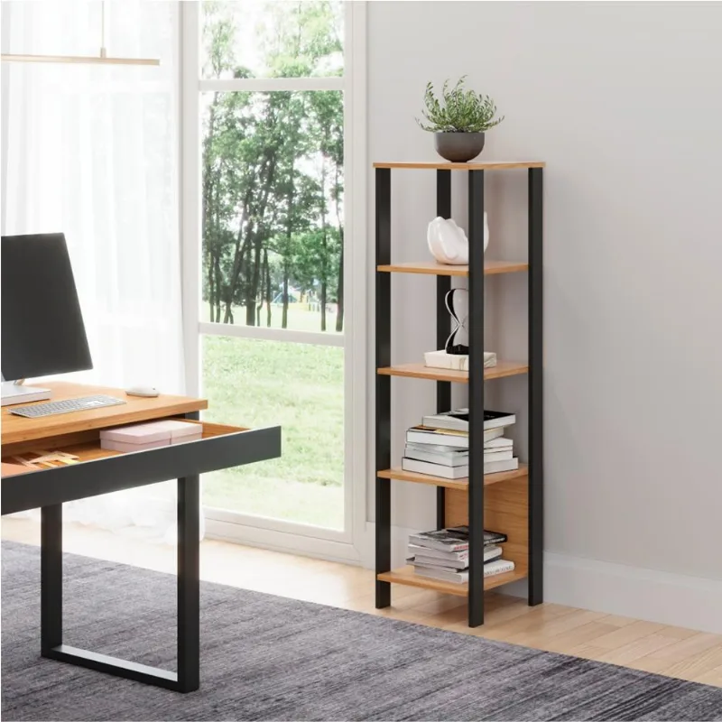 Torre Com 5 Prateleiras 33X135Cm Industrial F28 Freijó E Preto Fosco Pradel Móveis