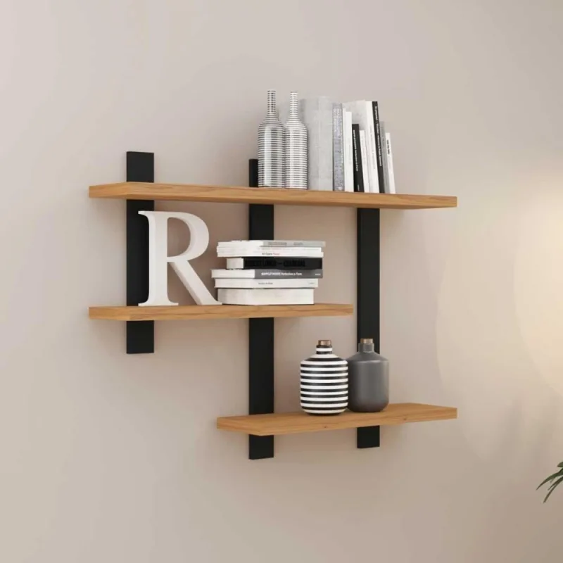 Prateleira Nicho Suspensa Industrial Home Office 3 Prateleiras 3 Nichos 100% MDF Freijó com Preto - Pradel Móveis - Agro