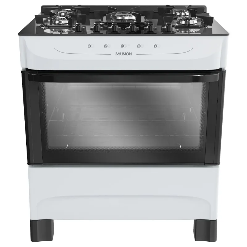 Fogão 5 Bocas Baumon com Mesa de Vidro Bivolt Branco MFV5BB