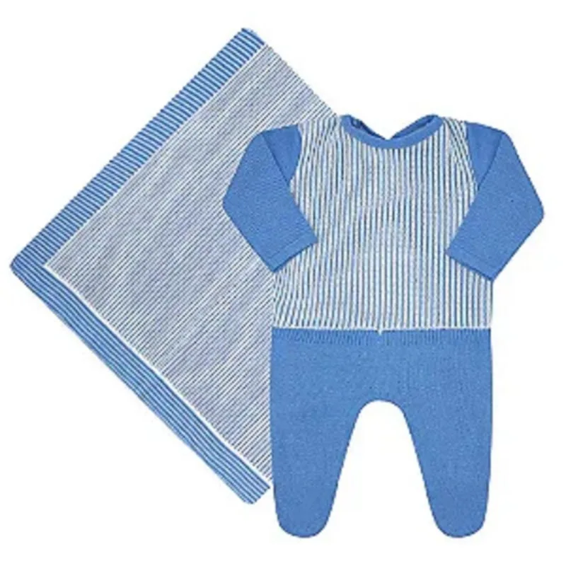 Kit Maternidade Pimpolho Azul Claro Listrado RN Contém 1 Macacão 1 Manta 85541 (MP)