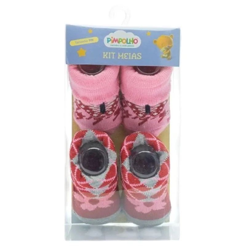 Kit Meia RN Pimpolho Borboleta E Flor 2 Pares Vermelho E Rosa 91313 (MP)