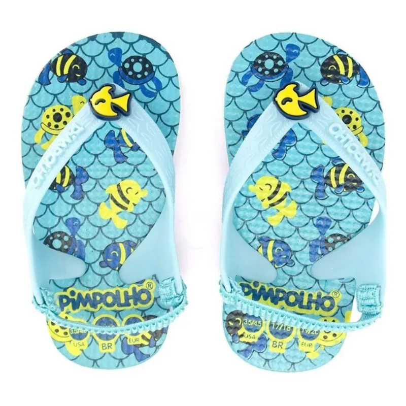 Chinelo Infantil com Elástico Pimpolho Peixes Azul Tamanho 17/18