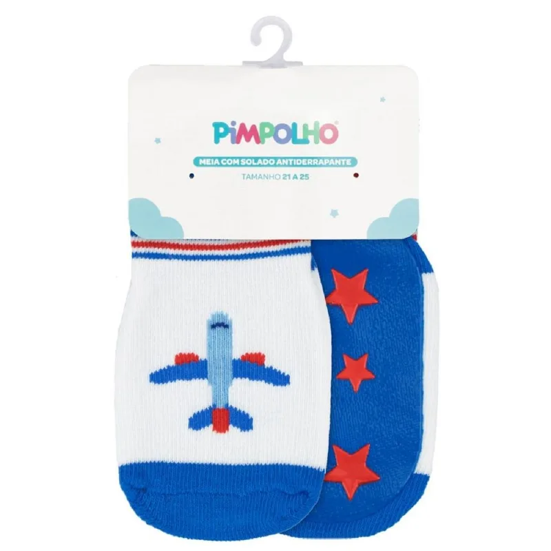 Meia Com Solado Pimpolho Avião Antiderrapante Azul 16-20 93971 (MP)