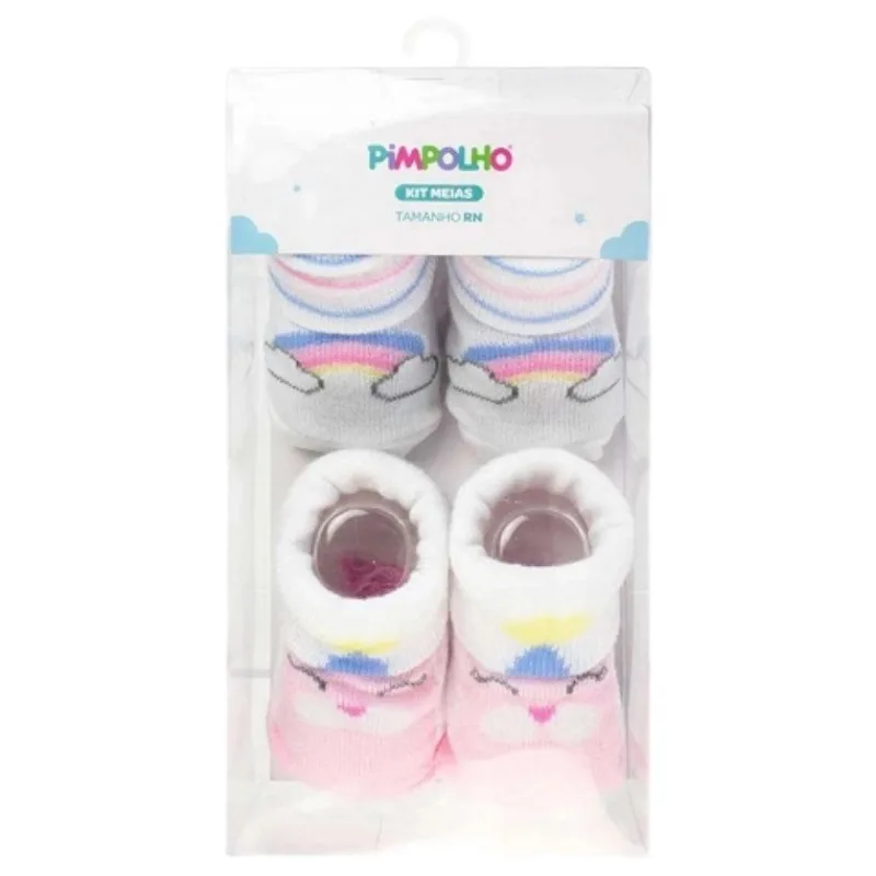 Kit Meia RN Pimpolho Arco Iris E Urso 2 Pares Branco 99993 (MP)