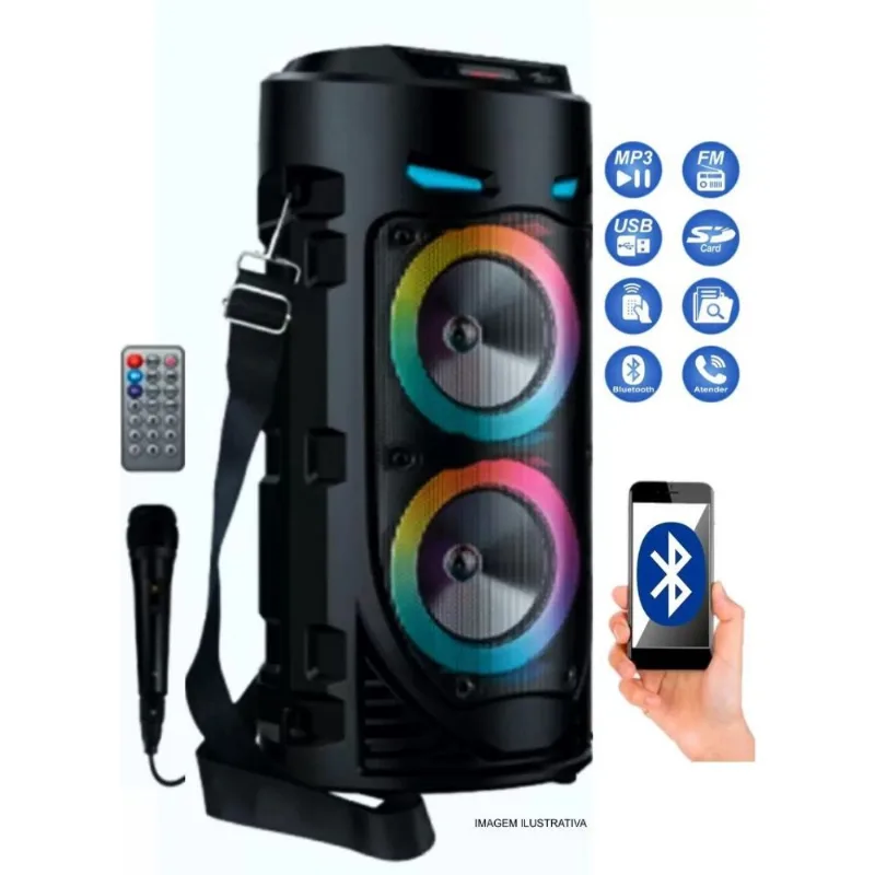Caixa De Som Portátil Torre Bluetooth Rádio Fm Mp3 Pen Drive Usb Sd Microfone Controle Bateria Led Rgb Grasep