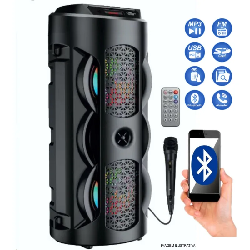 Caixa De Som Bluetooth Torre Portátil Fm Mp3 Usb Sd Microfone Controle Bateria Led Rgb Grasep