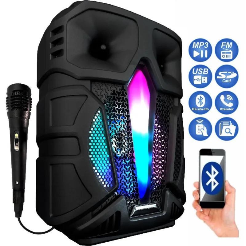 Caixa D Som Bluetooth Amplificada Led Rgb Karaokê Usb Sd 30W