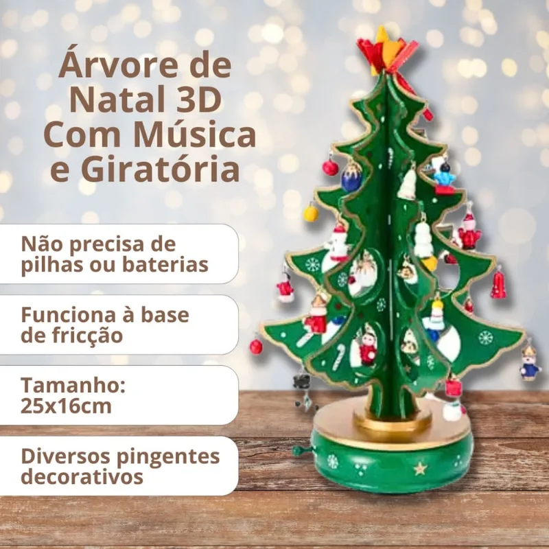 Árvore de Natal com pingentes musical giratório madeira 16 x 28 cm