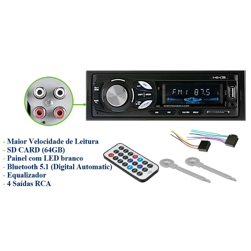 Autorrádio KRC1500 FM Bluetooth Entrada USB SD e Auxiliar KX3