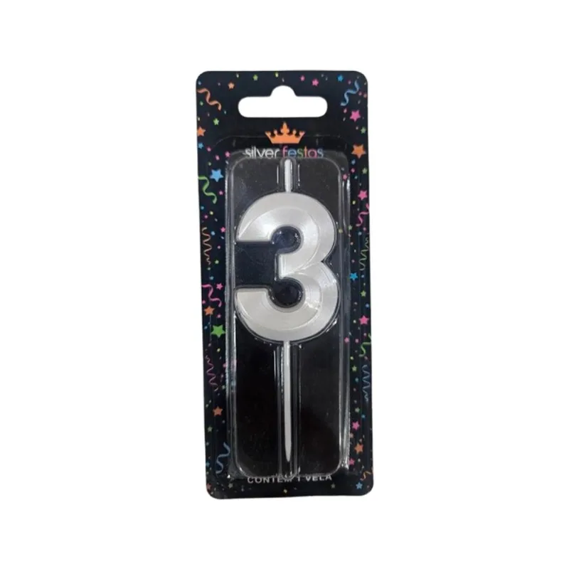 Vela Aniversário Silver Mini Design Branca Perolizada N.3 un