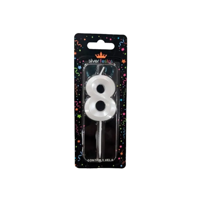 Vela Aniversário Silver Mini Design Branca Perolizada N.8 un