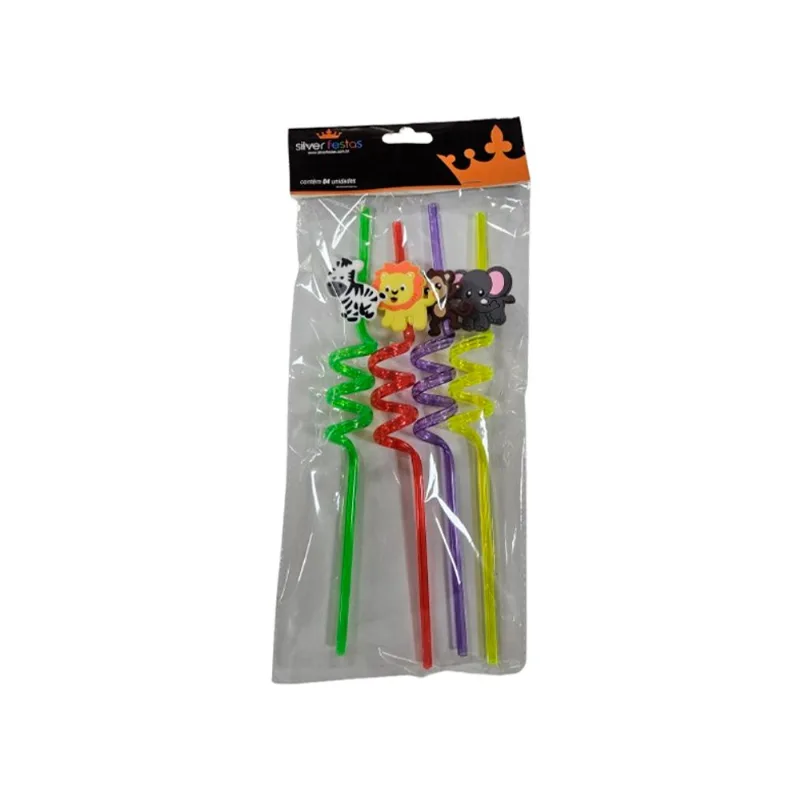 Canudo Espiral Silver Plástico Bichos Sortidos com 4 un