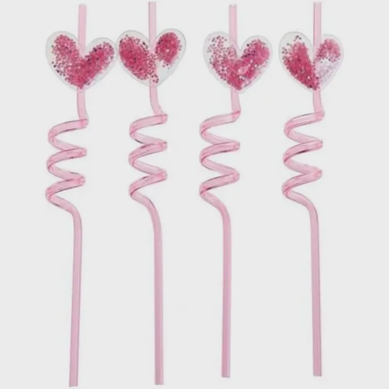 Canudo Rosa Glitter Coracao C/4 Silver