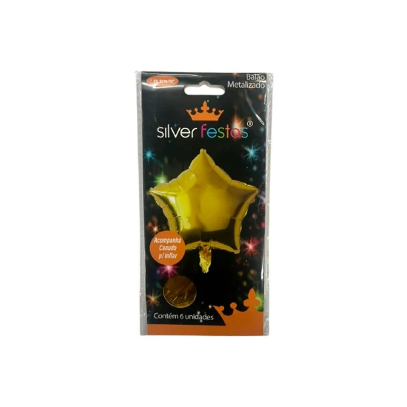 Balão Metalizado Silver com Canudo Estrela Dourada 10" com 6 un